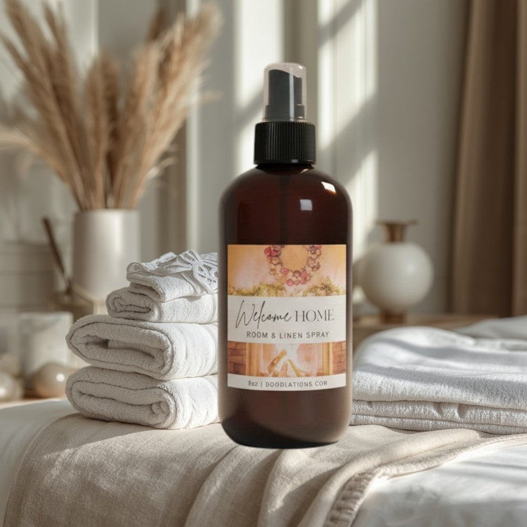 Doodlations Coffee Bar & Boutique Welcome Home Room & Linen Spray with cinnamon, clove, orange, and vanilla scent.