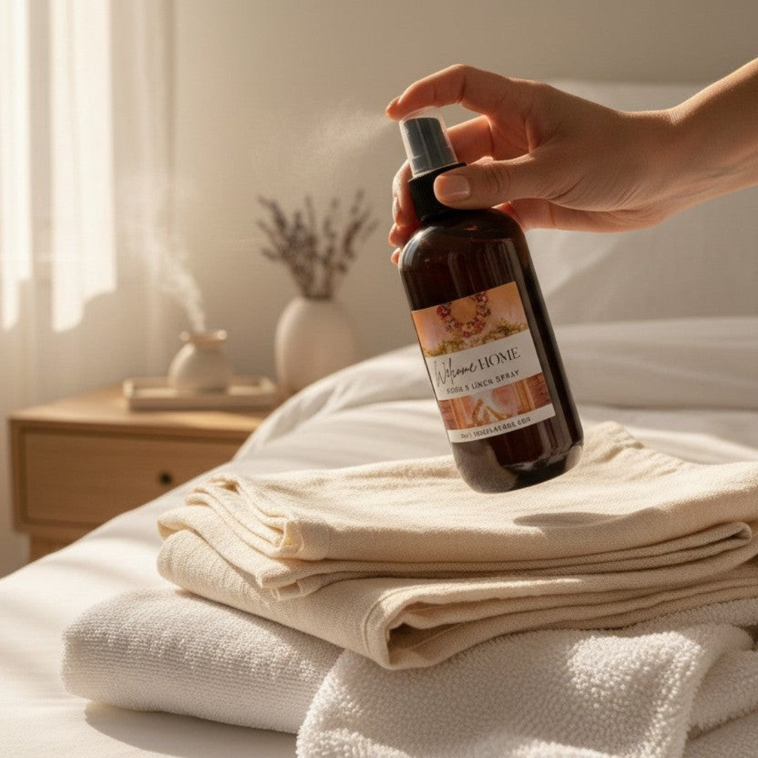 Doodlations Coffee Bar & Boutique Welcome Home Room & Linen Spray with cinnamon, clove, orange, and vanilla scent.