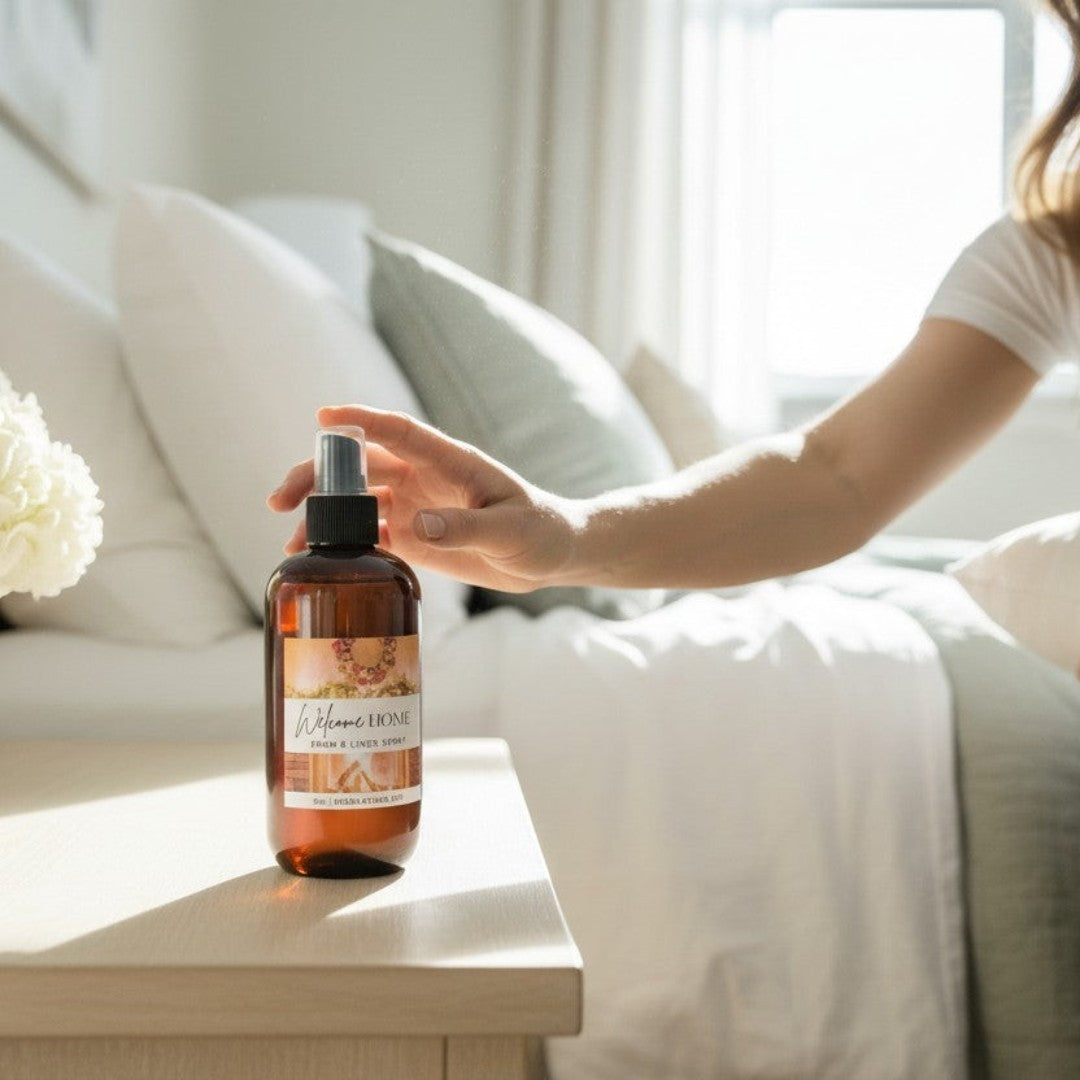 Doodlations Coffee Bar & Boutique Welcome Home Room & Linen Spray with cinnamon, clove, orange, and vanilla scent.