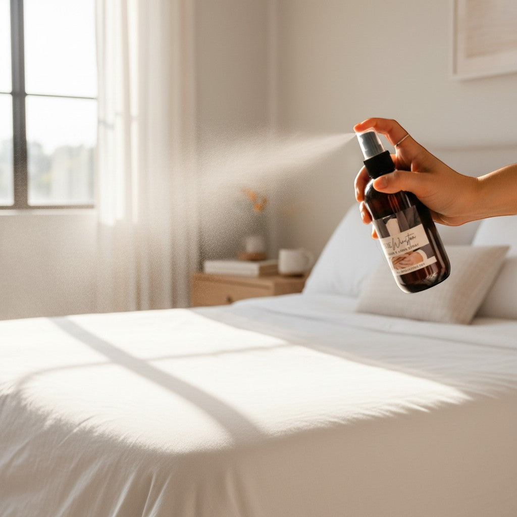 Doodlations Coffee Bar & Boutique The Winston Room & Linen Spray bottle being sprayed on a white bed.