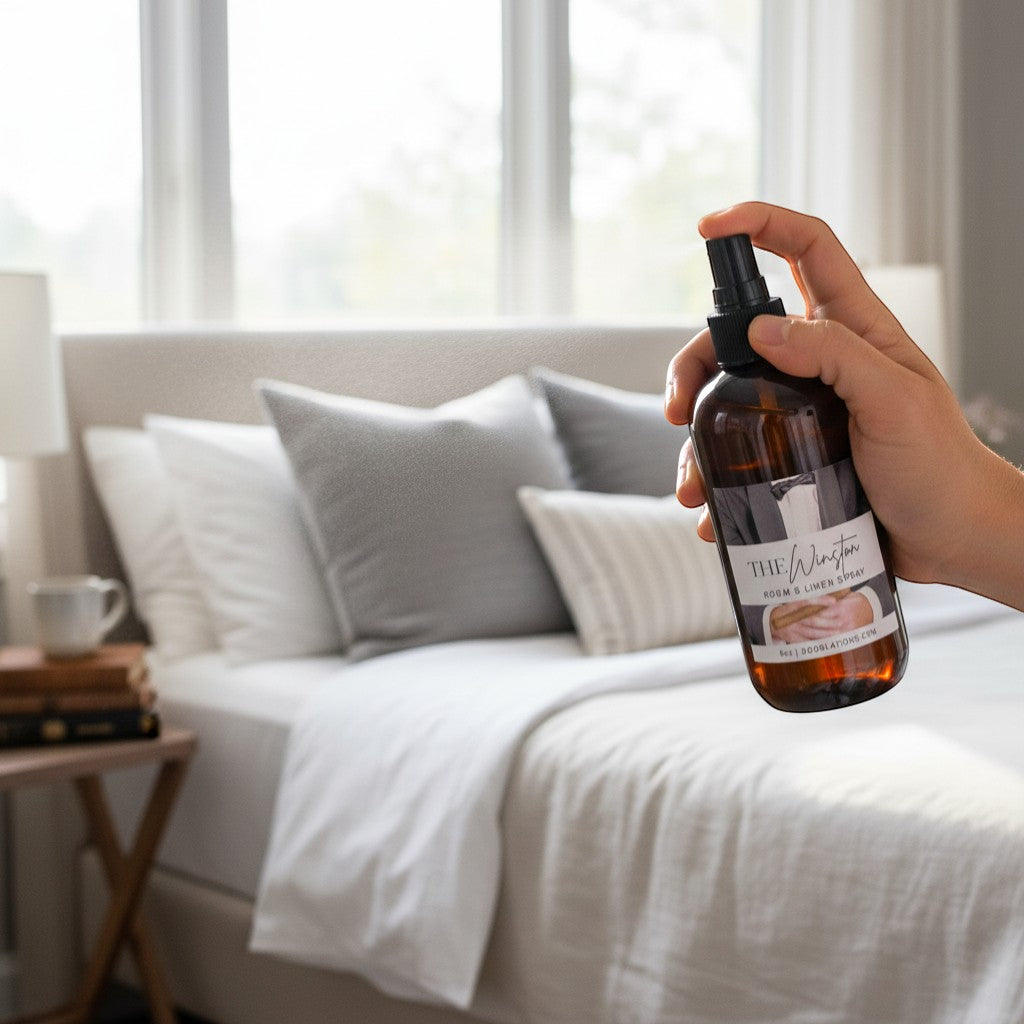 Doodlations Coffee Bar & Boutique The Winston Room & Linen Spray with notes of tobacco, honey, amaretto, and oak.