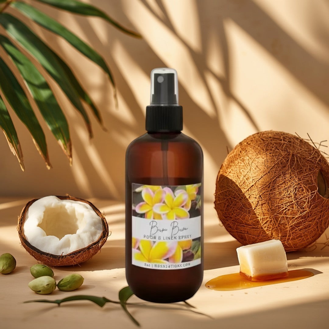 Doodlations Coffee Bar & Boutique Bum Bum room and linen spray in amber bottle with floral label. Tropical scent.