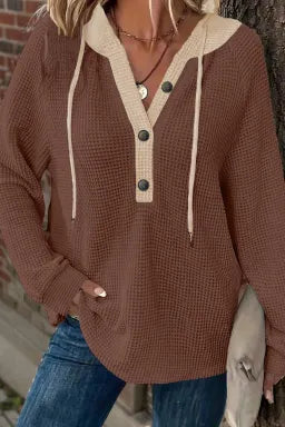 Coffee Waffle Knit Hooded Top