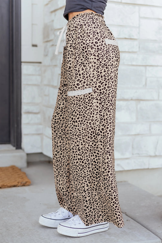 Khaki Leopard Print Wide Leg Knit Pants