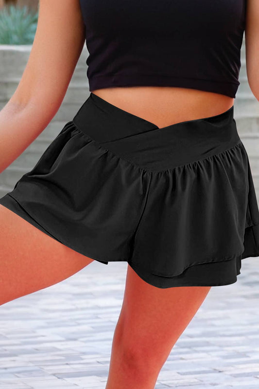 Crossed Waist Tiered Flowy Shorts
