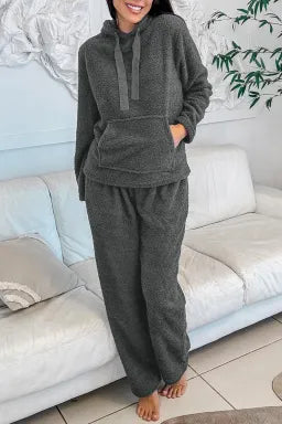 Grey Fuzzy Hoodie & Pants 2pcs Set