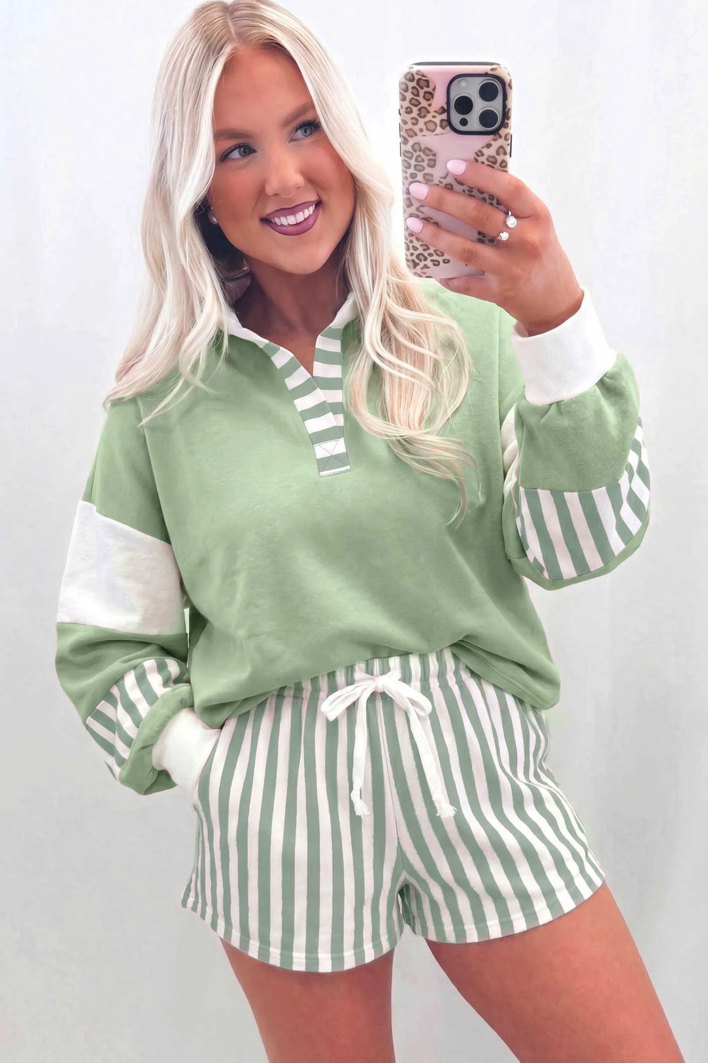 Smoke Green Striped Color Block Pullover Top Drawstring Shorts Set