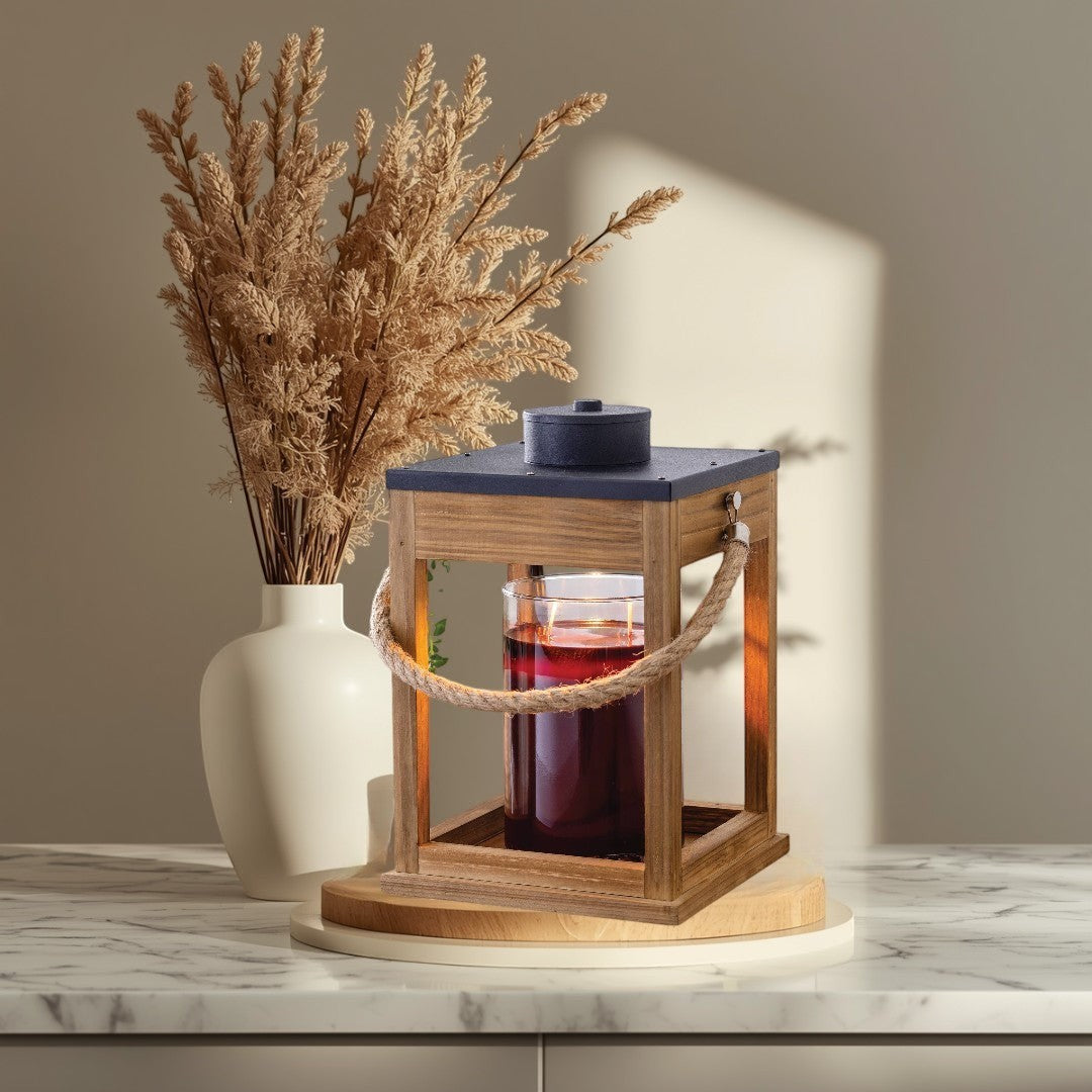 Doodlations wood and rope candle warmer lantern with black top and silver accents.