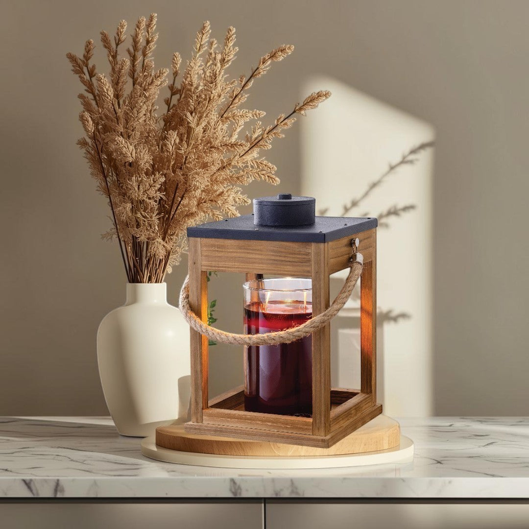Doodlations wood and rope candle warmer lantern with black top and silver accents.