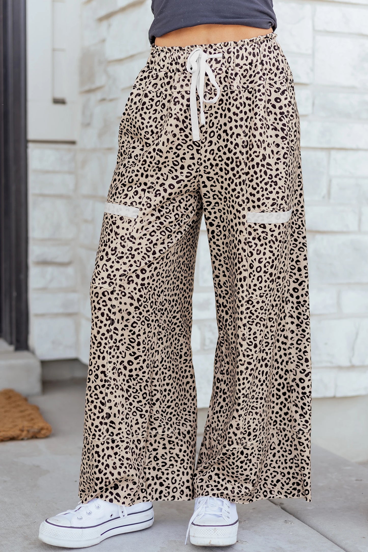 Khaki Leopard Print Wide Leg Knit Pants