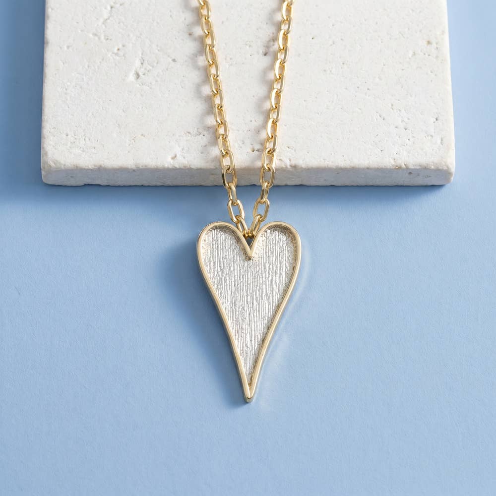 Brushed Two Tone Heart Pendant Necklace