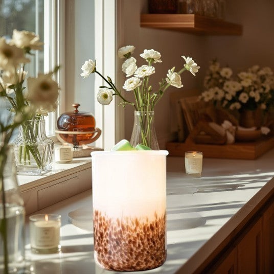 Tiger Shell Illumination Wax Warmer, frosted glass with brown speckled base, melts wax for flameless fragrance.