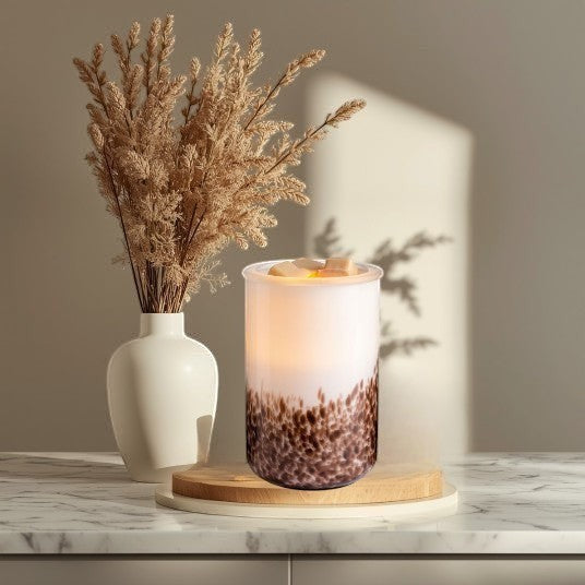Tiger Shell Illumination Wax Warmer, frosted glass with brown speckled base, melts wax for flameless fragrance.