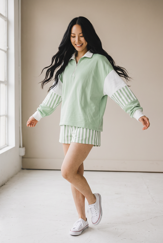 Smoke Green Striped Color Block Pullover Top Drawstring Shorts Set