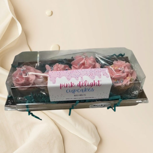 Pink Delight Cupcakes wax melts, four pink frosted cupcake-shaped wax melts with sprinkles in a clear box.