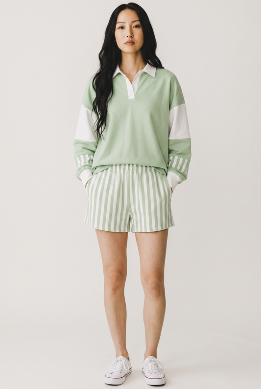 Smoke Green Striped Color Block Pullover Top Drawstring Shorts Set