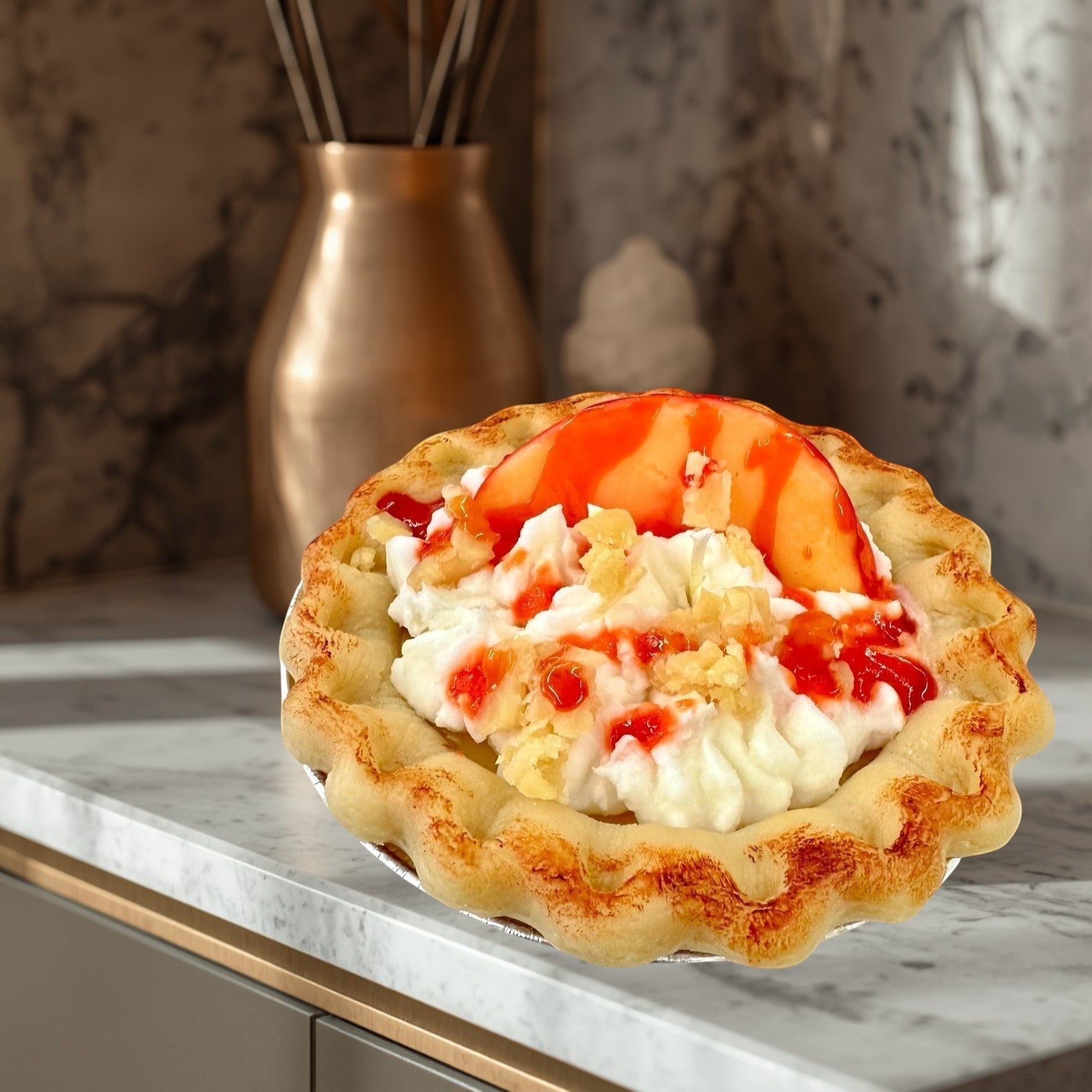 Peach Pie candle designed to look like a real pie with whipped cream and fruit topping.