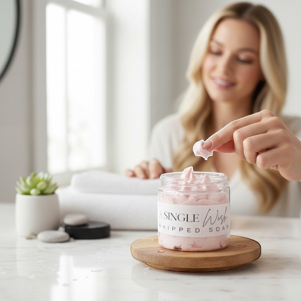 Doodlations Coffee Bar & Boutique Single Wish whipped soap in a clear jar with a black lid. Light pink, fluffy soap with grape seed oil.