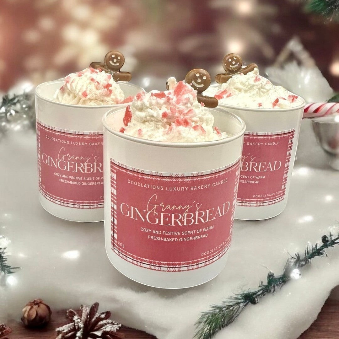 Christmas Gingerbread luxury candle with whipped topping and gingerbread man accent.