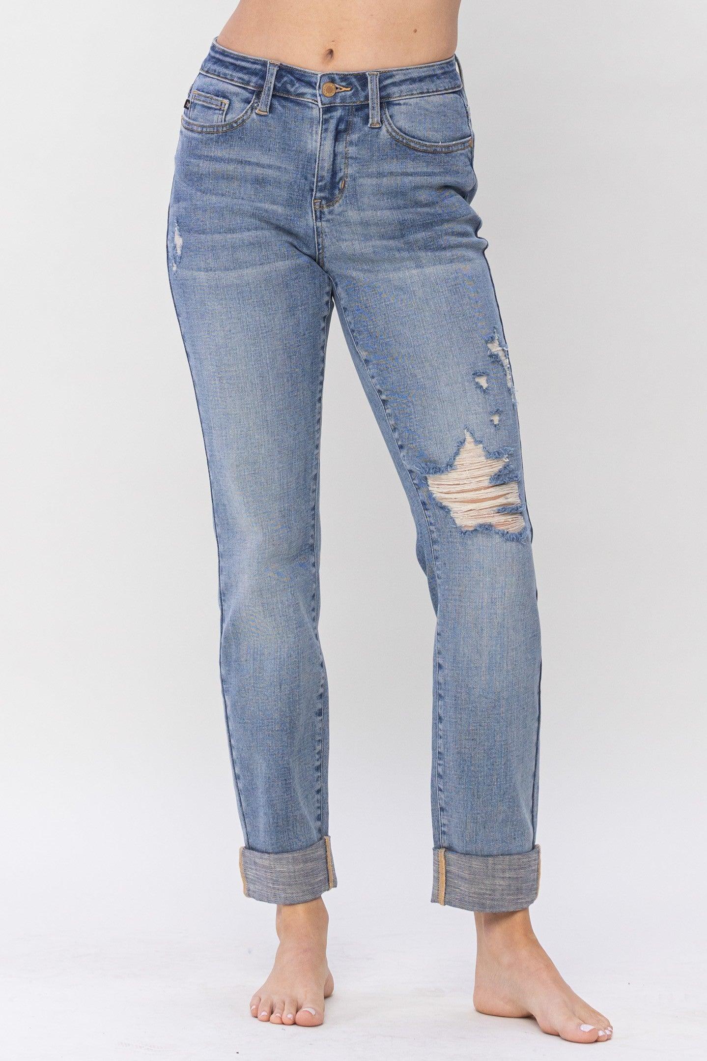 Judy Blue Midrise with Knee Destroy and Cuffed Long Boyfriend Jeans - Doodlations Coffee Bar & Boutique