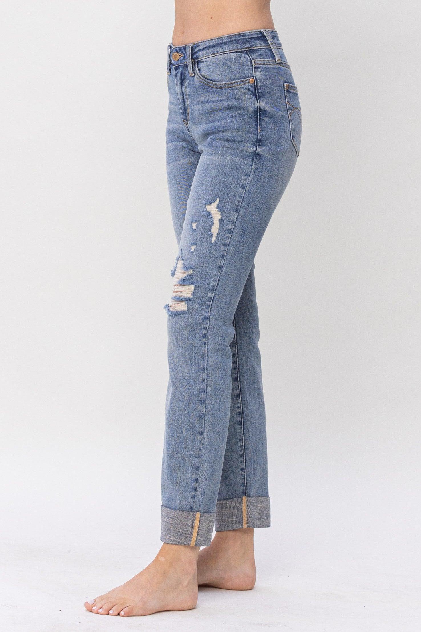 Judy Blue Midrise with Knee Destroy and Cuffed Long Boyfriend Jeans - Doodlations Coffee Bar & Boutique