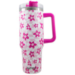 Pink Flower w/ Groovy Checkered Tumbler w/ Handle - Doodlations Coffee Bar & Boutique