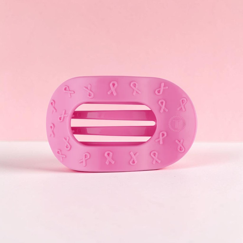 Doodlations Coffee Bar & Boutique pink Teleties flat round hair clip with ribbon pattern and bendable teeth