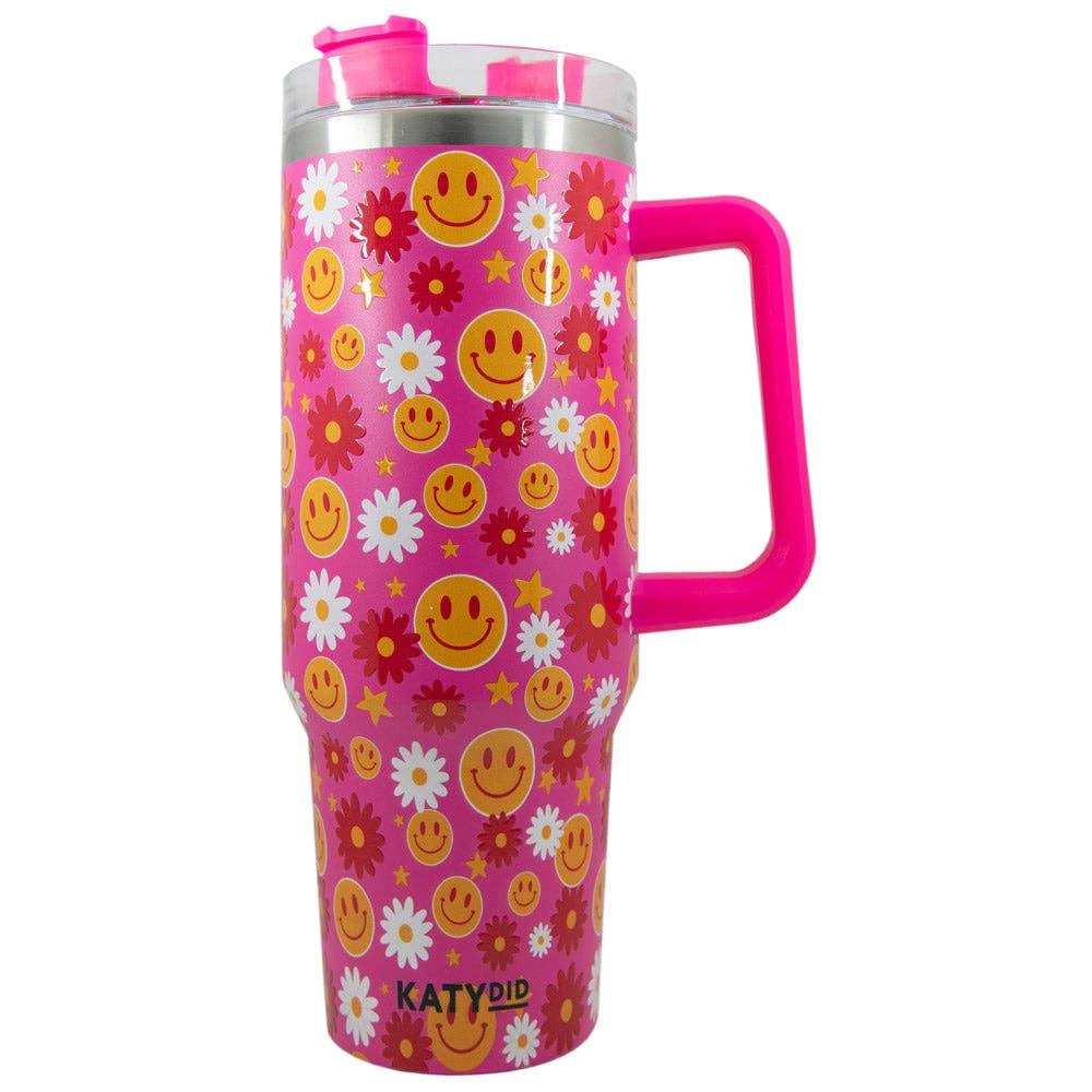 Red Flower Happy Face Stainless Steel Tumbler Cup - Doodlations Coffee Bar & Boutique