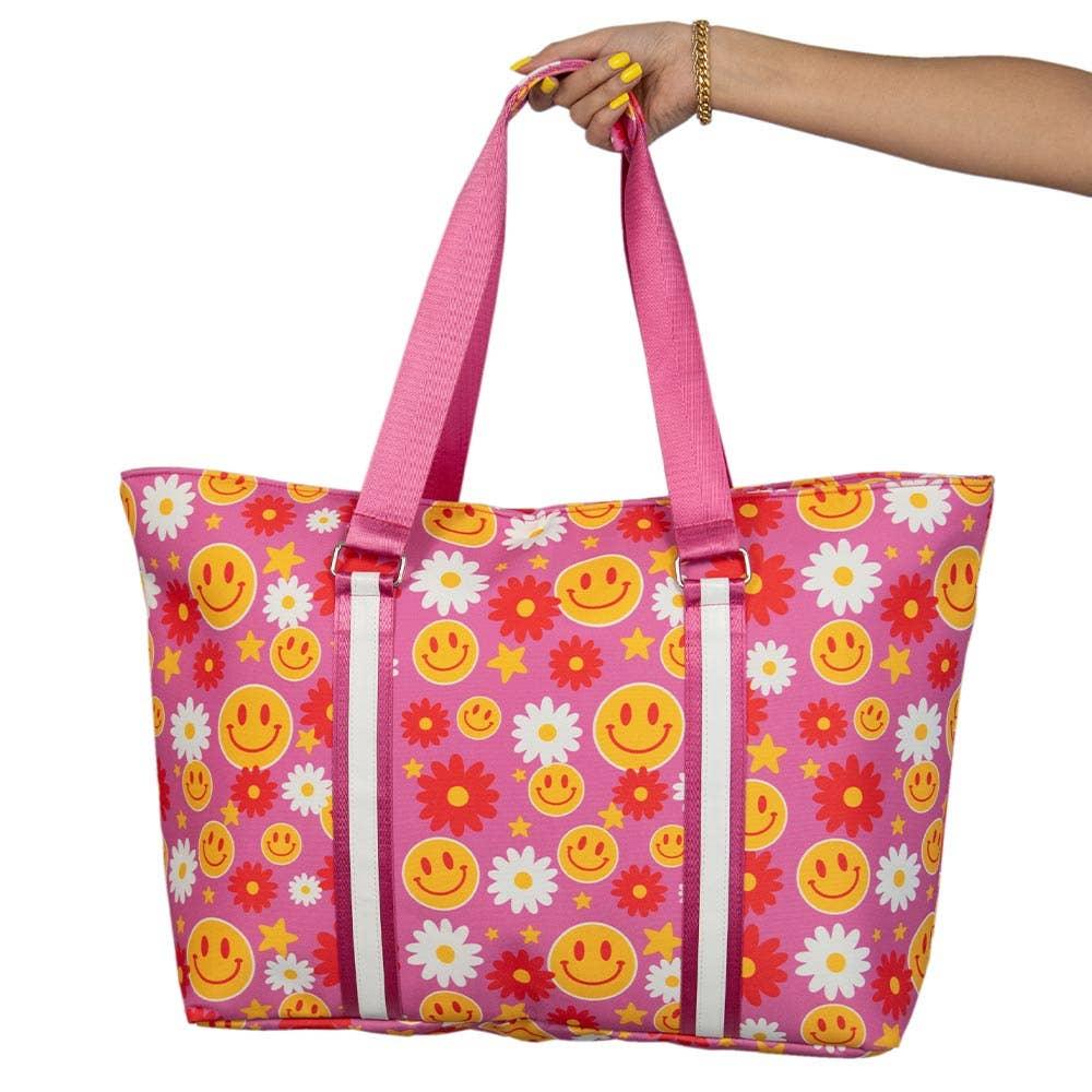 Red Flower Happy Face Tote Bag - Doodlations Coffee Bar & Boutique