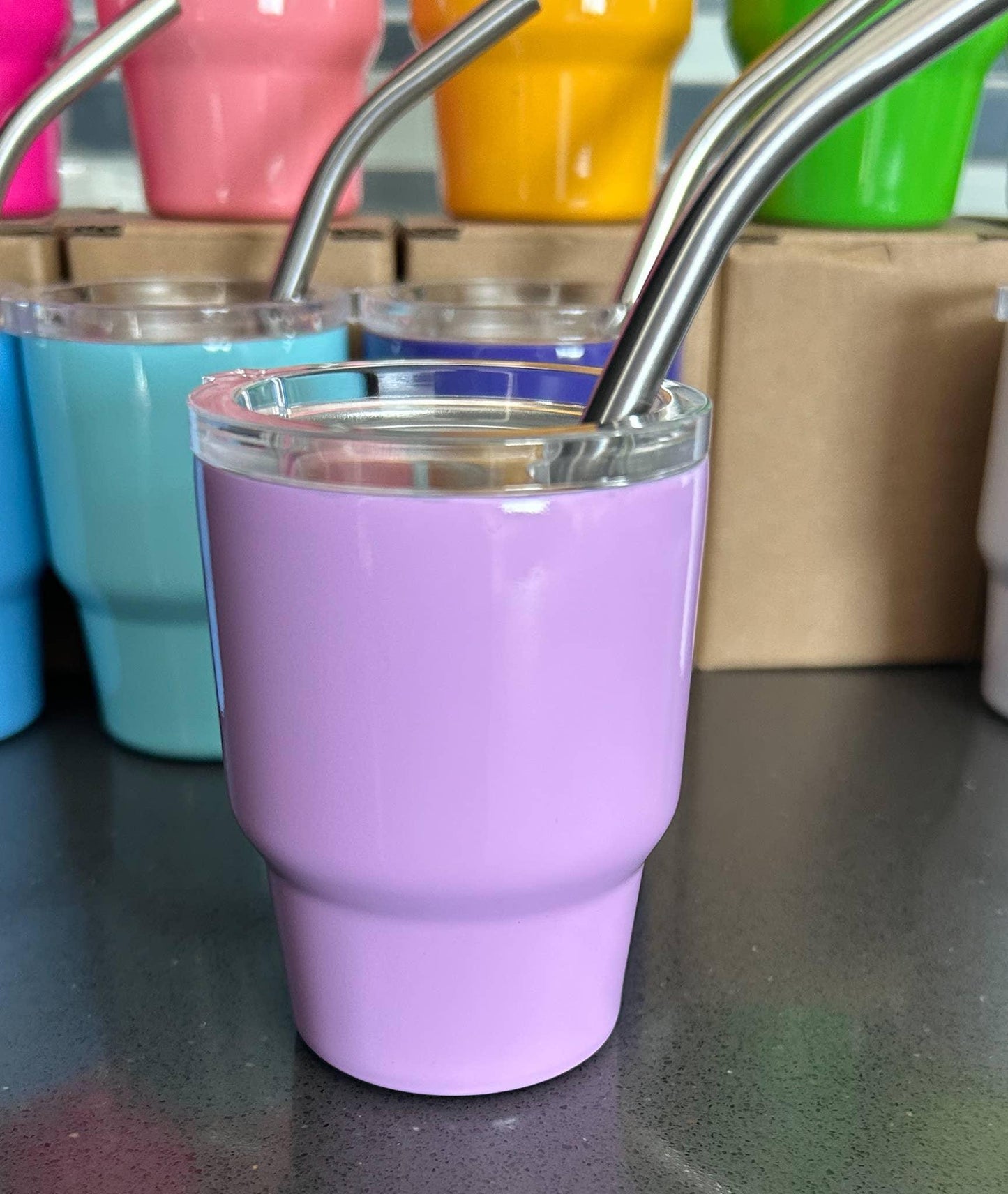 Tumbler Shot Glass with Metal Straw and Lid - Doodlations Coffee Bar & Boutique