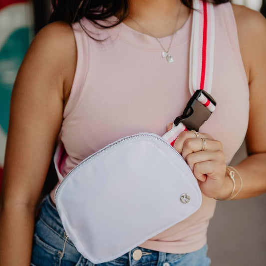 White Solid Belt Bag with Striped Strap - Doodlations Coffee Bar & Boutique